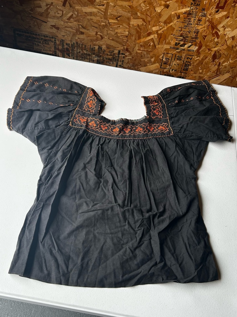 Vintage 60s Black Embroidered Peasant Top with Orange Detail
